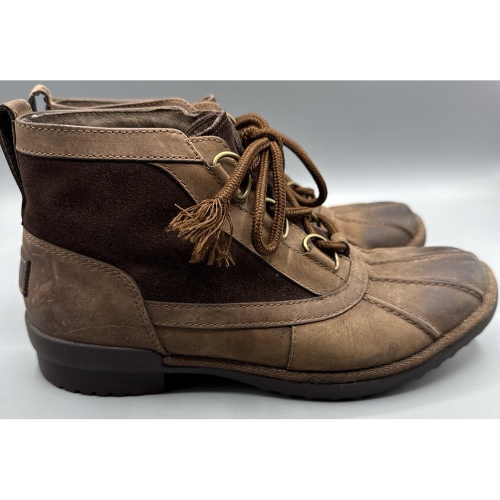 UGG Boots Womens 7 Heather Waterproof Brown Leather Lace Up Ankle Shoes *Read